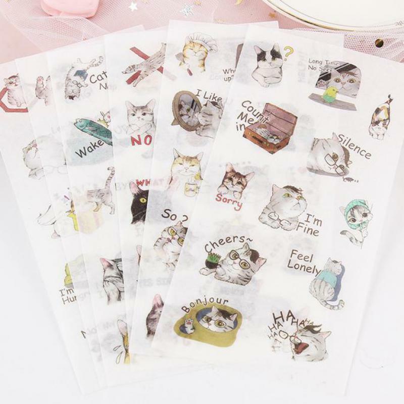 6 Sheets Cute Cartoon Cat Stickers Scrapbooking PVC Decorative DIY Diary Album Calendar Adhesive Sticker for Diary, Book,Phone