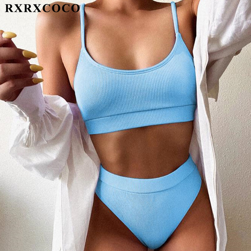 RXRXCOCO-traje de baño acanalado para mujer, conjunto de Bikini con Push-Up, ropa de playa, Bikini de cintura alta, bañador para mujer 2021