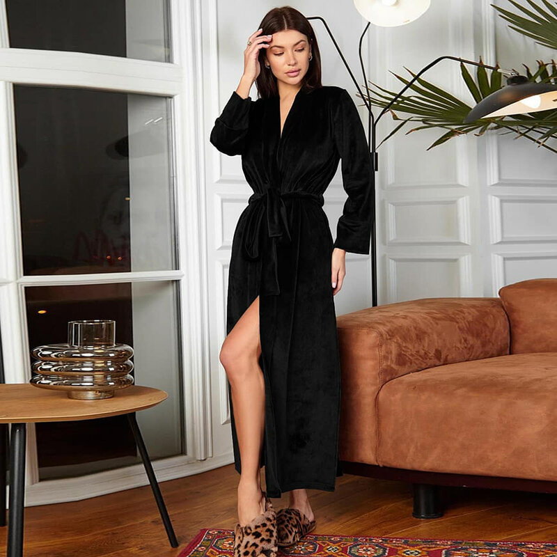 Hiloc preto veludo robe mangas compridas roupões de banho de malha inverno sleepwear noite quente vestido feminino vestidos de casa sólida 2022