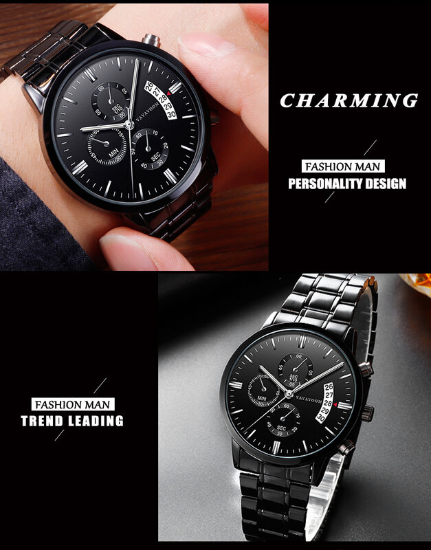 Часы наручные мужские кварцевые, повседневные деловые водонепроницаемые с хронографом, из нержавеющей стали, черные аналоговые