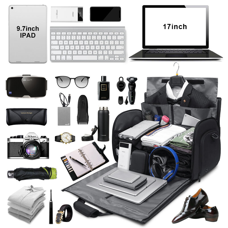 Fenruien-メンズラゲッジバッグ,多機能トラベルバッグ,スーツ用,17インチノートパソコン用,防水,靴ポーチ付き