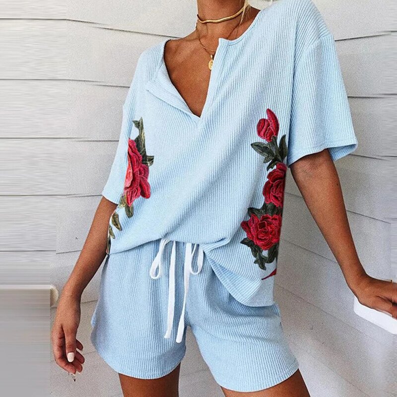 夏のファッションの女性のパジャマvネック半袖トラックスーツ印刷スプライシングパジャマセットナイトウェアホーム女性のための服