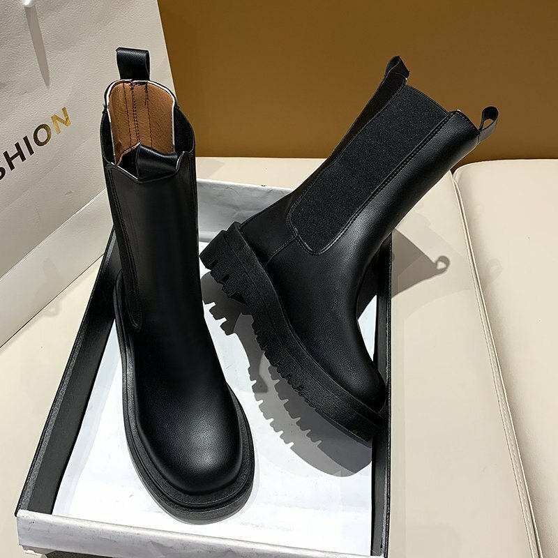 Women's Boots Autumn and Winter New Style Chelsea Women's Boots PU Slip-on Square Root Boots Thick-soled Round Toe Casual Shoes