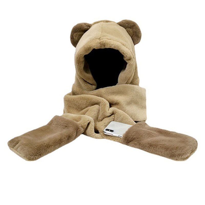Головные уборы в форме медведя с ушками-Цельные головные уборы пушистые с защитой рук для зимнего теплого сохранения и защиты от ветра L41B