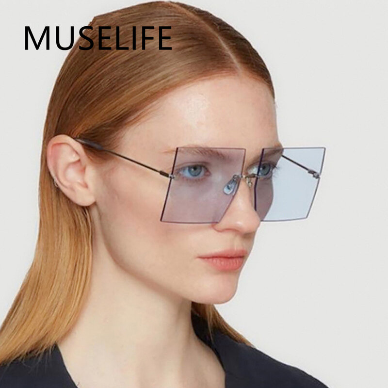 MUSELIFE-Gafas de sol cuadradas sin montura para hombre y mujer, lentes de sol cuadradas de gran tamaño, de marca de lujo, a la moda, planas, color rojo, azul, transparentes