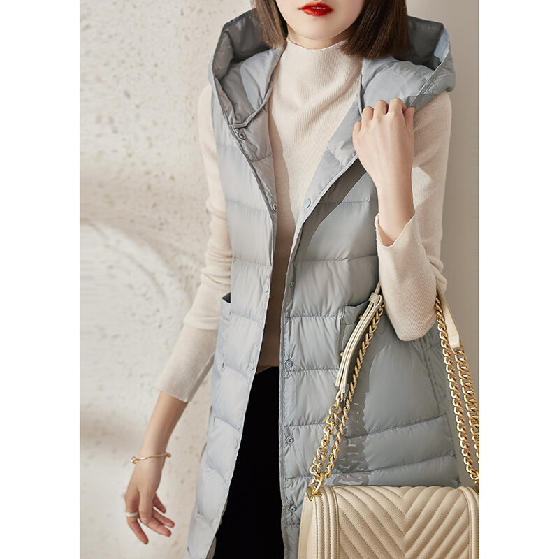 새로운 스타일 다운 재킷 조끼 여성 가볍고 얇은 2021 화이트 오리 기본 라이너 계층화 된 중간 길이 후드 외부 착용 따뜻한 조끼