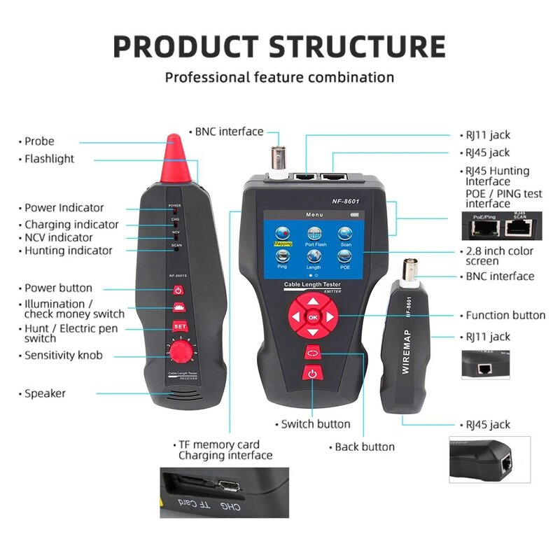 Multifunction POE / PING Cable Tester NF-8601W RJ45 RJ11 CAT5 CAT6 Wire Locator with high quality and port flash