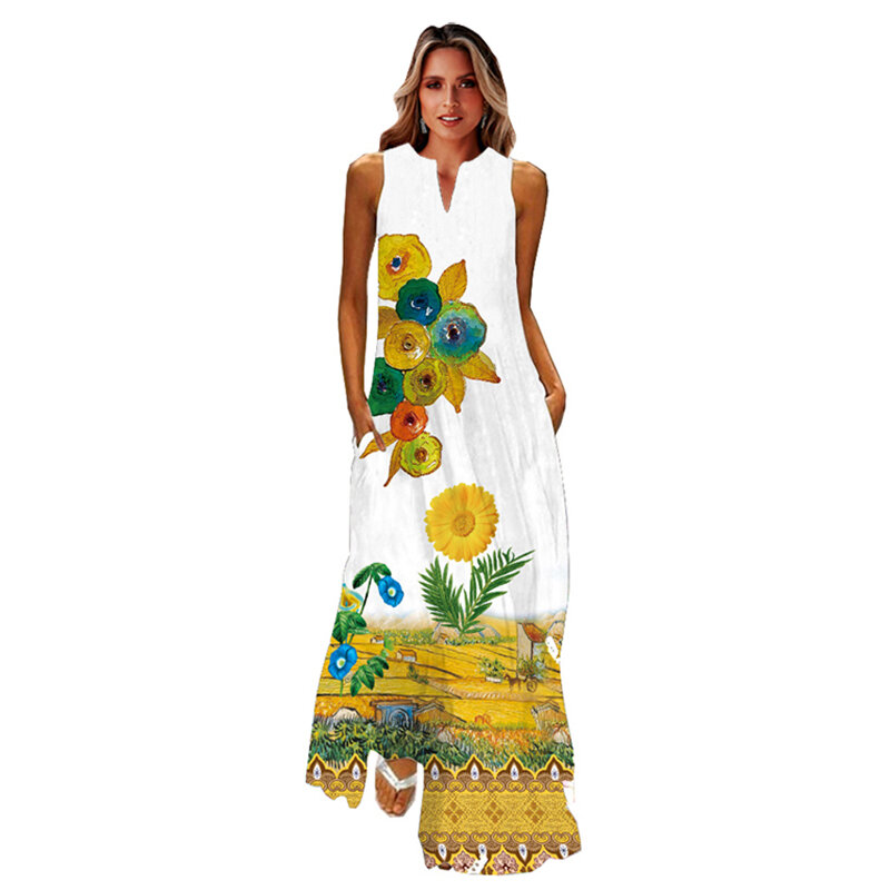 WAYOFLOVE wiosenna letnia biała długa sukienka damska elegancka bez rękawów sukienka z nadrukiem kwiatowym Patty Vestidos luźne sukienki wakacyjne Casual