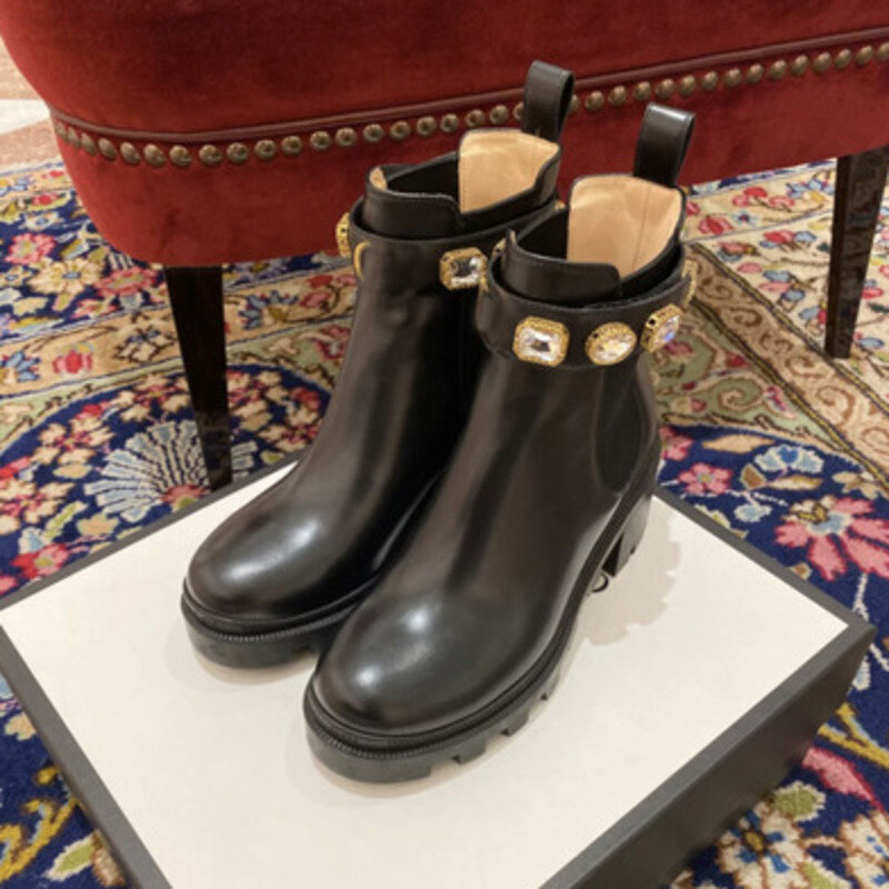 Zimowe luksusowe botki damskie 2022 grube obcasy buty z prawdziwej skóry kobiece kryształowe czarne botki Chelsea platforma krótki but