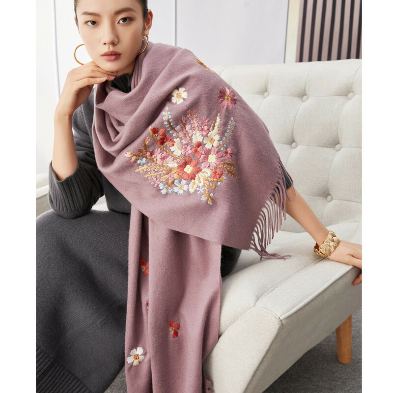 Pta – écharpe d'hiver en laine pour femme, châle en cachemire, doux, chaud, confortable, avec broderie, 180x70cm
