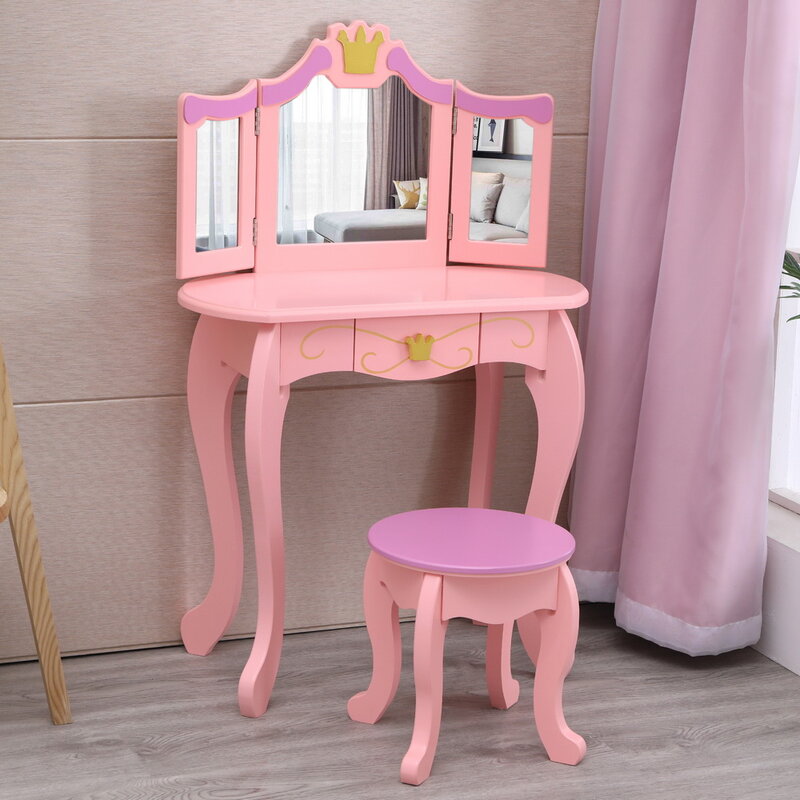 เด็กผู้หญิงDressingตารางของเล่นเด็กDresser 3พับกระจก/เก้าอี้/1ลิ้นชักสีชมพูคุณภาพสูงการออกแบบโค้ง [US-...