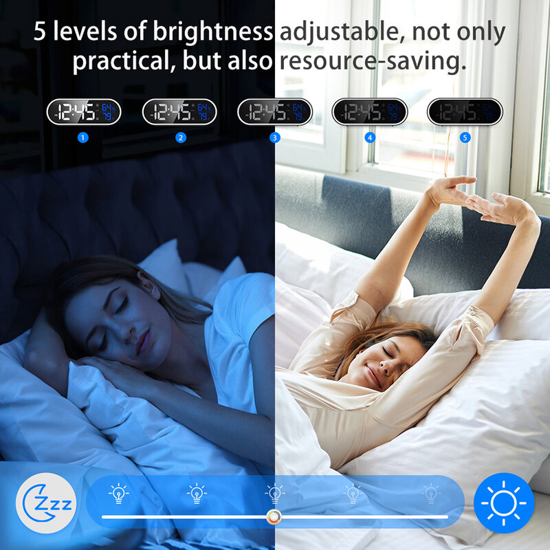 Led multifuncional espelho relógio digital despertador snooze display tempo noite lcd mesa de luz controle voz alarme decoração da sua casa