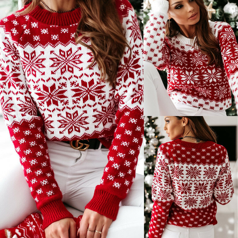 Nowy wypoczynek Snowflake Print z długim rękawem wokół szyi dziergany sweter sweter w jesienno-zimowym temperamencie pl *