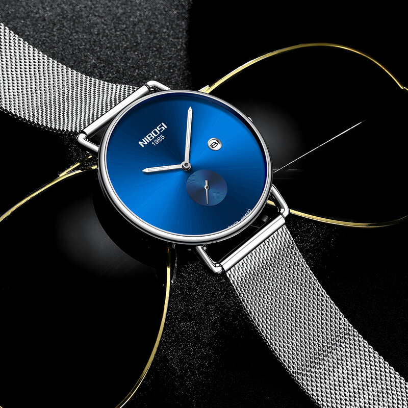 NIBOSI – montre-bracelet à Quartz pour hommes, Simple, bleu or, maille militaire, étanche à 30m, fine, Sport