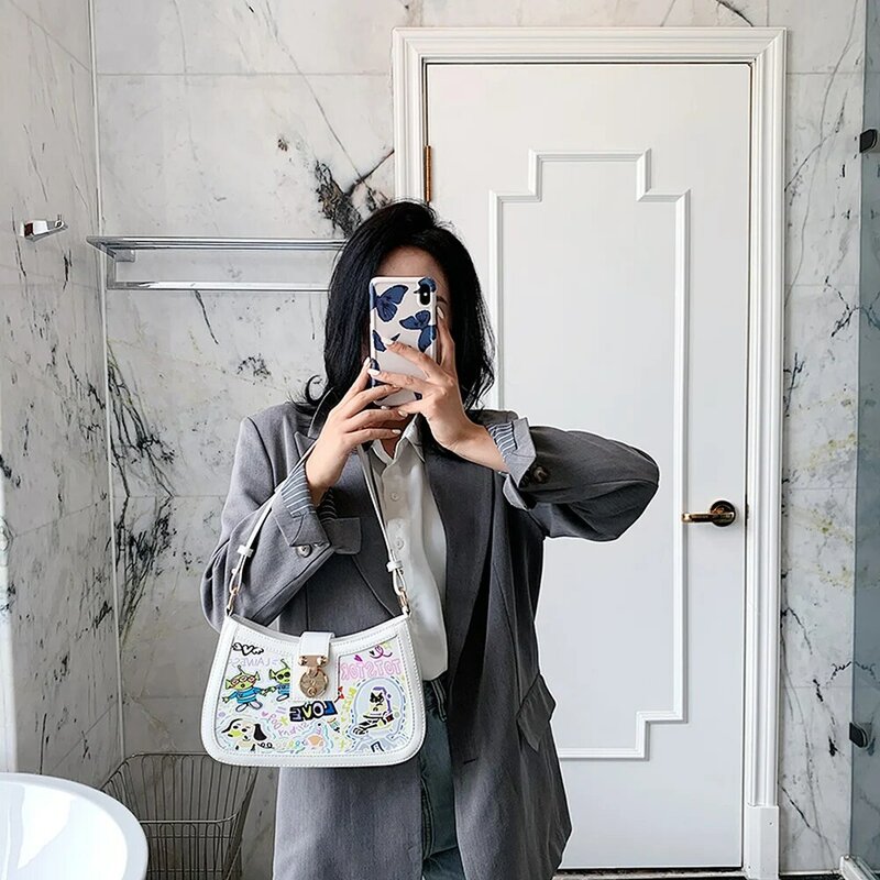 Bolso con Graffiti Baguette para mujer, bolsa de lujo de diseñador, de hombro, de cuero Pu, cruzado, 2020