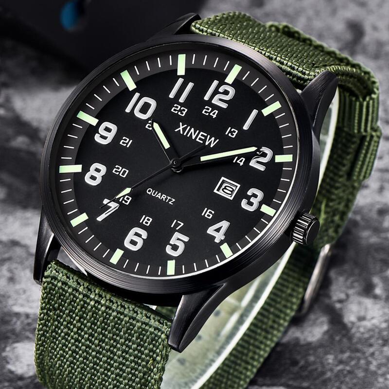 Relógio masculino redondo de nylon, pulseira de lona militar, com calendário, data do exército, quartzo, à prova d'água, q