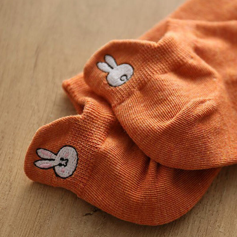 Chaussettes amusantes et mignonnes avec motifs d'animaux brodés, style Harajuku, pour printemps et été, talon arrière, lapin, carotte, créatif, respirant, tendance