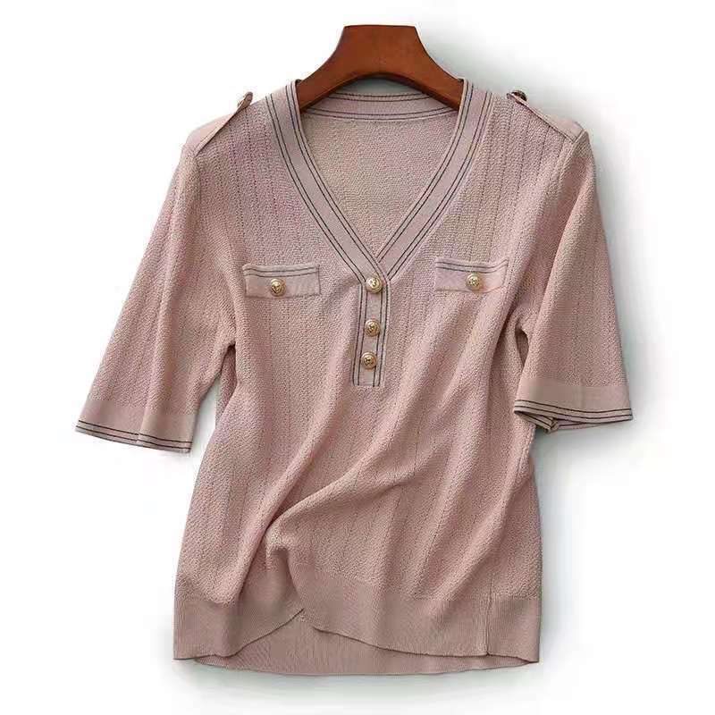 2021 verão novo cinza rosa fino piscando contraste cor borda personalizado abotoado camisola feminina poliéster v-neck listrado