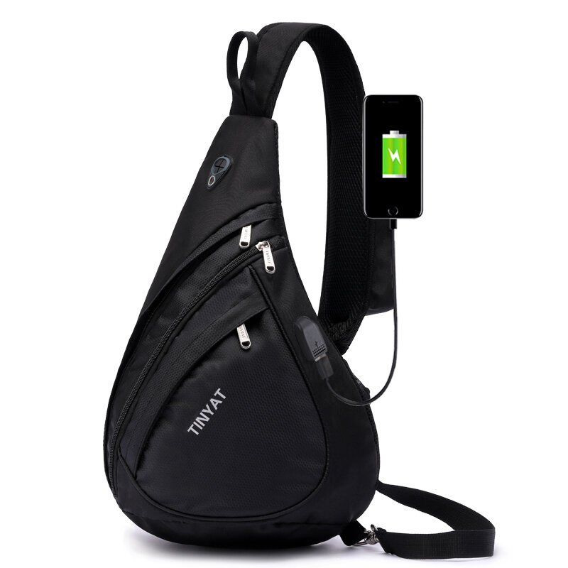 남자 가방 가슴 가방 캐주얼 어깨 드롭 가방 남자 가방 USB 충전 인터페이스와 큰 삼각형 가방