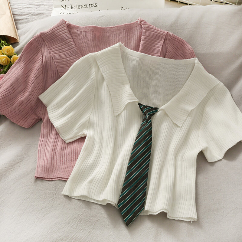 2021 primavera e l'estate strisce verticali risvolto corto Midriff-Baring maglione lavorato a maglia Top nuova cravatta decorazione manica corta da donna