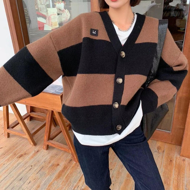 빈티지 v 넥 체크 무늬 긴 소매 여성 스웨터 2020 가을 겨울 니트 카디건 스웨터 여성 한국 스타일 탑스