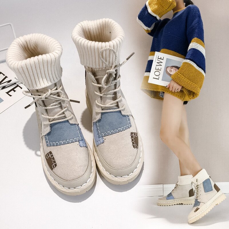 2021 جديد النمط البريطاني الأحذية واحدة سميكة سوليد أحذية بوت قصيرة الخريف والشتاء الجلد المدبوغ مسطحة القاع قماش عادي الأحذية النسائية