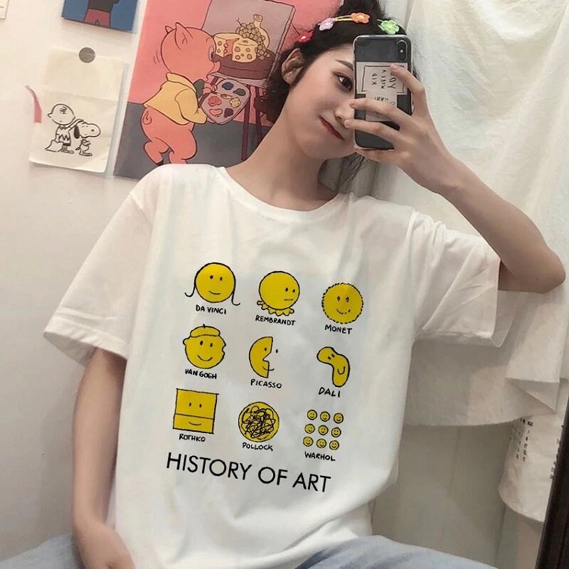 Женская футболка с коротким рукавом, свободная футболка в стиле Харадзюку 90-х с мультипликационным принтом «История искусства», лето 2020