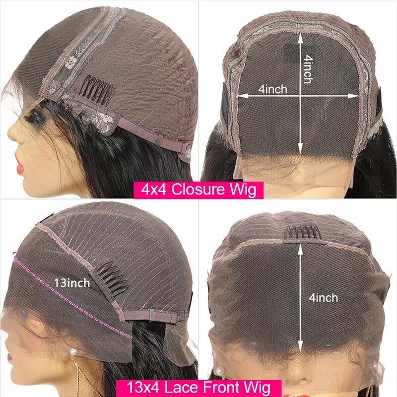 Perucas de cabelo humano para mulheres, madeixas e ondulado, full lace, densidade 4x4, cabelo liso, fechamento frontal