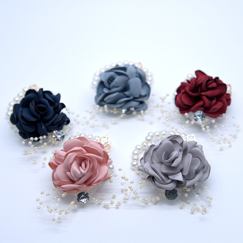 Ramillete de flores para dama de honor, pulsera de tela con perlas de imitación de mariposa, accesorios para fiesta de boda