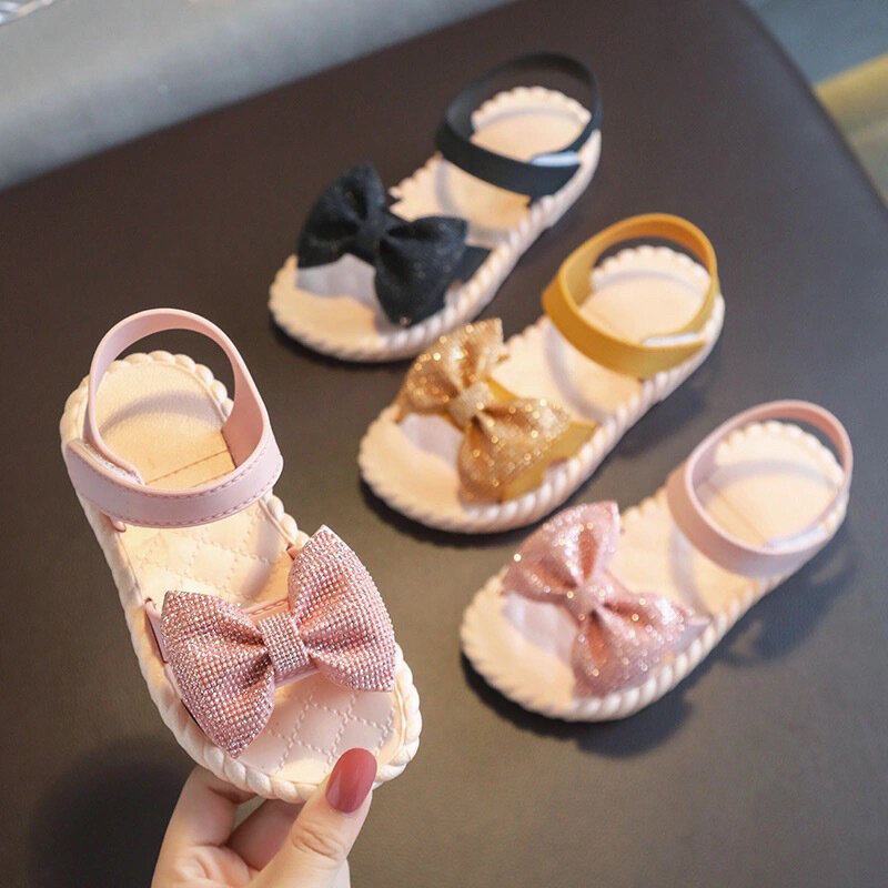 Girls Sandals 2021 Summer New Cartoon Bow Little Girl Foreign Style Cute Solid Color Soft Bottom Beach Shoes
