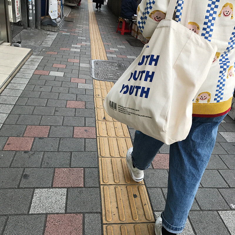 Płócienna torba damska młodzieżowa nadruk liter kobieca tkanina bawełniana torba na ramię Eco torebka Tote wielokrotnego użytku torby na zakupy spożywcze