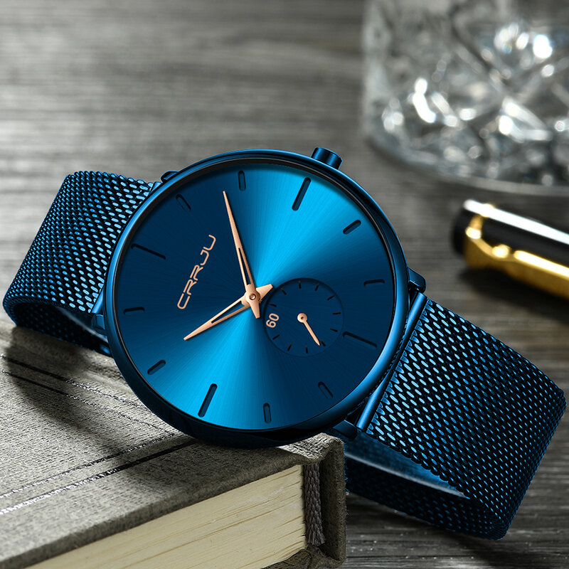 CRRJU Ultra cienki niebieski japonia zegarki kwarcowe ze stali nierdzewnej mężczyźni proste moda biznes zegarek zegar mężczyzna Relogio Masculino