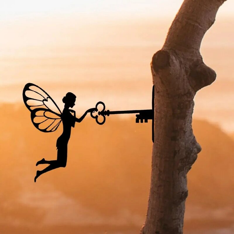 Garden Fairy Decoration,Stake Metal Art Elf Silhouette Inserting Ornament Fairy Open Door With Key For Outdoor Tree Decor