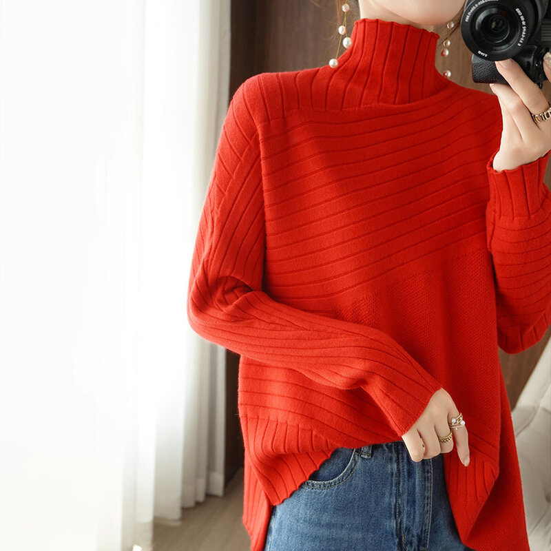 Sweater Turtleneck Wanita Longgar Gaya Barat Tidak Teratur Semua Pertandingan Mode Kerah Stand-Up Kemeja Bottoming Wanita Wol Pullover