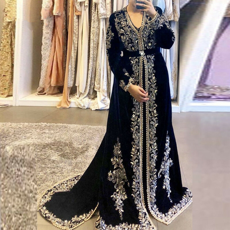 Preto muçulmano vestido de noite 2022 feminino festa de casamento formal noite vestido de noche bordado veludo arábia saudita vestidos de baile longo