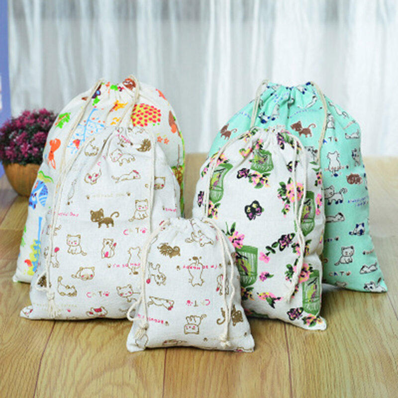 1pc Casual Women Cotton Drawstring Shopping Bag Eco Reusable Folding Grocery Cloth Underwear Pouch Case Travel Home Stora