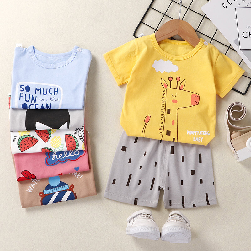 Summer Boy And Girl Pure Cotton Printed Cartoon Short Sleeved Shorts Suit Baby Clothes 2021 Assorted Patterns Styles Outfits