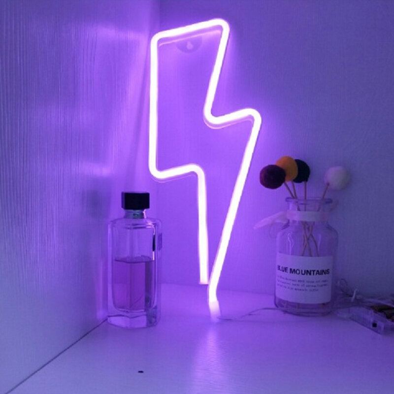 LED Neon Sign Lightning Shaped Wall Night Light USB Battery Operated For Home Bedroom Party Wedding Decor Table Lamp Kids Gift