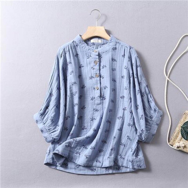 Japanischen blatt drucken doppel schicht baumwolle fünf-punkt hülse shirt damen sommer weich und atmungsaktiv pullover hemd fledermaus ärmeln