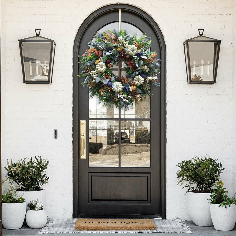 Karangan Bunga Labu Putih untuk Pintu Depan Menggantung Ornamen Thanksgiving Jatuh Dekorasi Rumah Dekorasi Natal