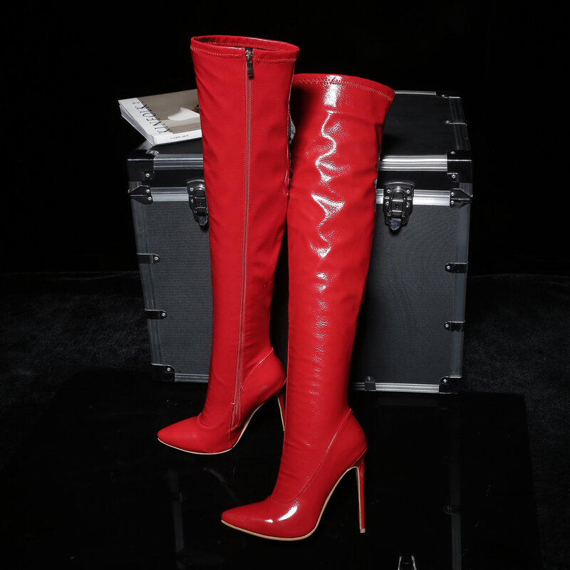 Botas sobre la rodilla de tacón súper alto de tubo largo de charol de gran tamaño, tacón fino puntiagudo con PU rojo, zapatos de mujer cálidos cómodos