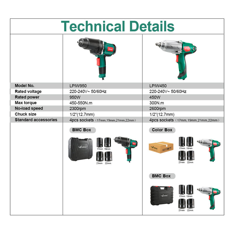 Electric Impact Wrench Max Torque 1/2 inch Socket 450W/950W Electric Wrench Changing Tire Power Tool 4pcs Sockets