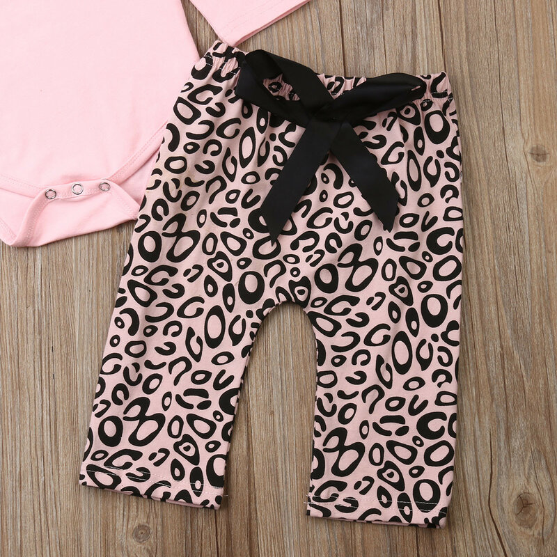 Conjuntos de ropa para bebés recién nacidos de 0 a 18M, Tops de manga larga Rosa + Pantalones con lazo de leopardo, diadema, conjunto de 3 uds.