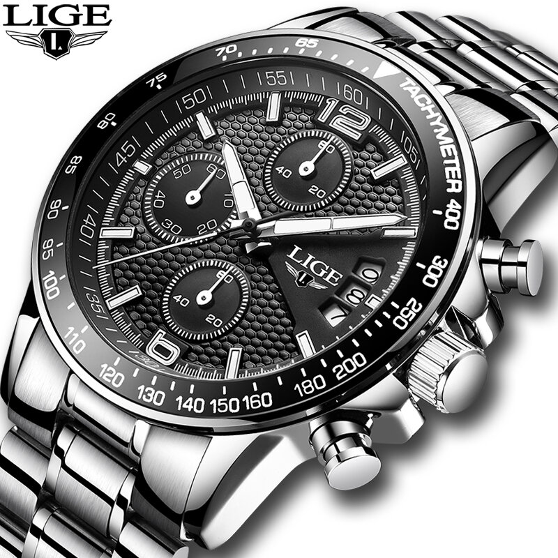 LIGE-남성용 브랜드 럭셔리 스톱워치, 스포츠 방수 쿼츠 시계, 남자 패션 비즈니스 시계, 2020 년 신제품