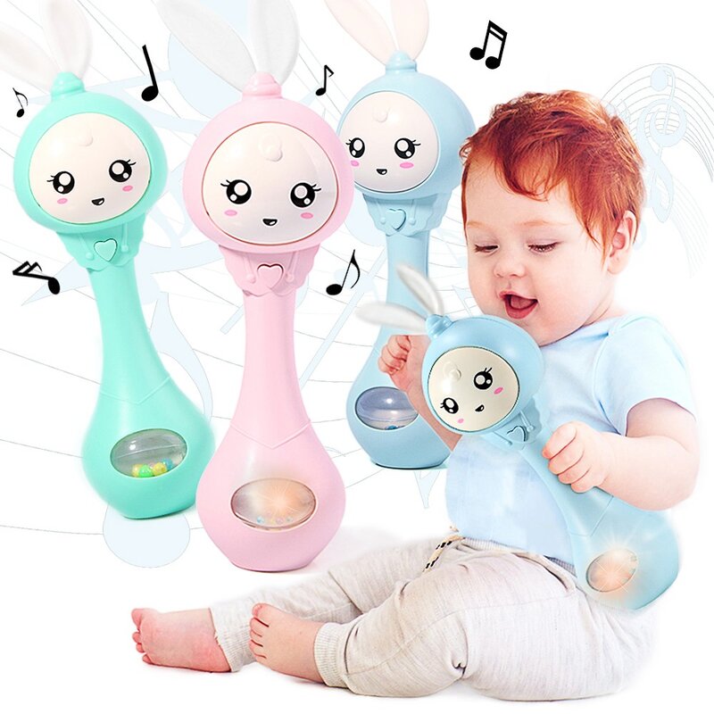 赤ちゃんのためのウサギの形をした歯が生えるガラガラ,6つのクラシックな曲と光が付いた赤ちゃんのおもちゃ,幼児のための教育玩具