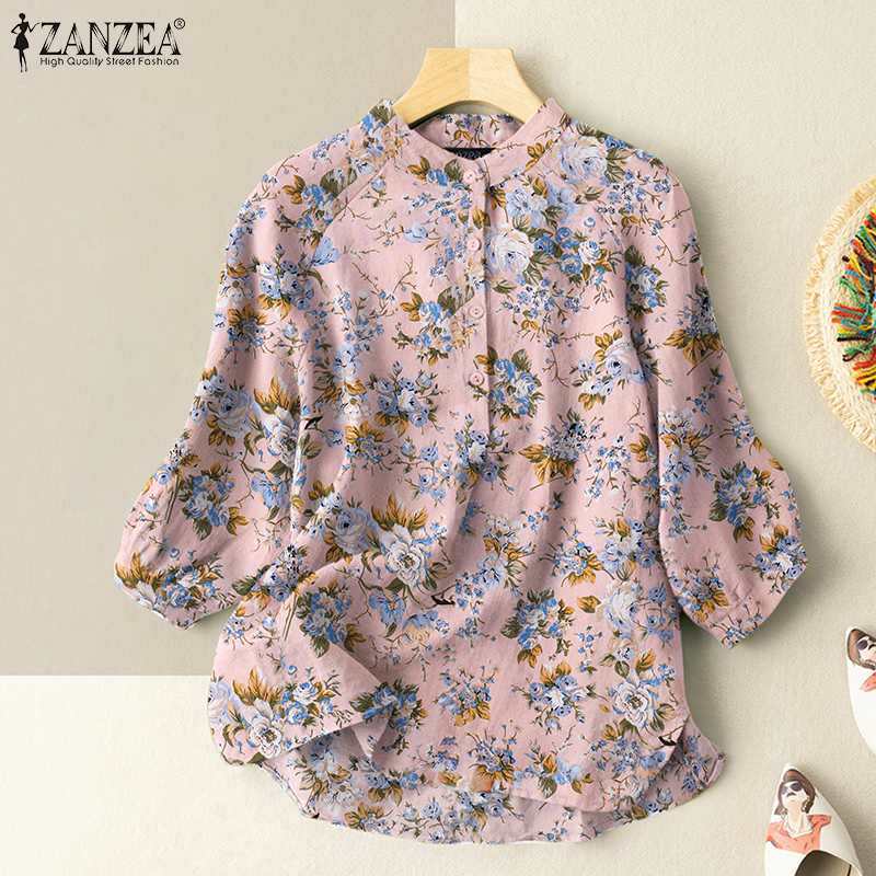 Feminino elegante floral impresso tops zanzea vintage manga comprida blusa 2021 primavera outono ol camisas femininas de grandes dimensões chemise blusões