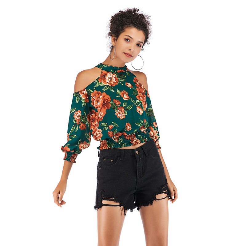 fashion autumn Chiffon  shirt off shoulder Floral Long Sleeve O-Neck Beach Style shirt
