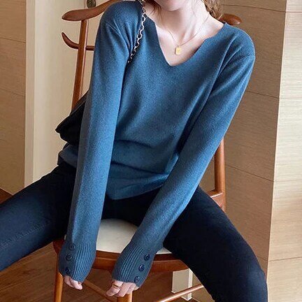 V-neck sweater autumn new 2021 long-sleeved thin blouse early autumn sweater Korean shirt women  striped sweater