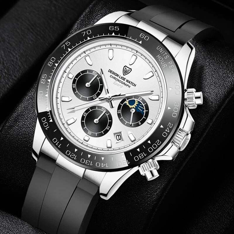 2021 nowy wodoodporny silicone pasek kwarcowy męskie zegarki Top marka luksusowe kreatywny 24 godziny księżyc wodoodporny chronograf relogio