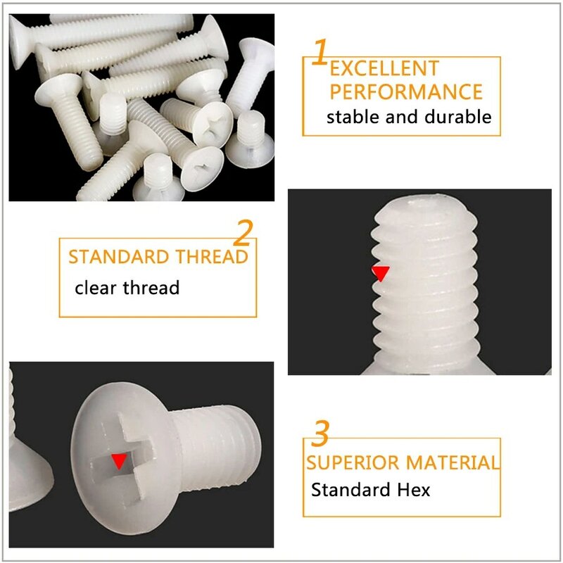 Tornillo de cabeza plana de nailon para máquina de empotrar, pernos métricos de plástico avellanado, longitud blanca de 4-25mm, M2, M2.5, M3
